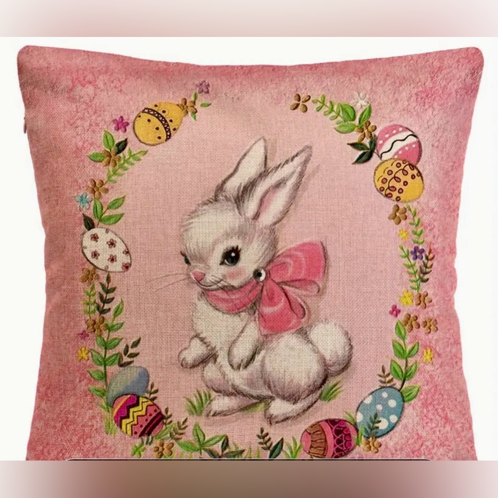 Easter Pillow Case Pink Bunny Rabbit Spring 18” x 18” NEW decor
